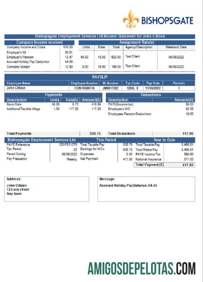Empresa de serviços de folha de pagamento Bishopsgate do Reino Unido amostra